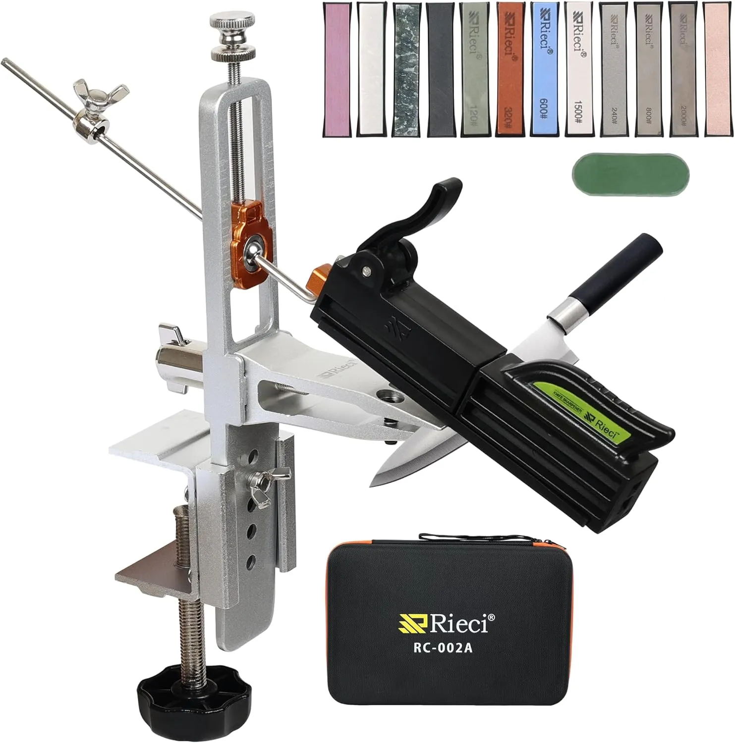 Professional Knife Sharpener System - 12 Whetstones & Fixed-Angle Design, 360° Rotation for Kitchen, Hunting, Pocket Knives (RC-002A, Aluminum Alloy, Safety Grip)