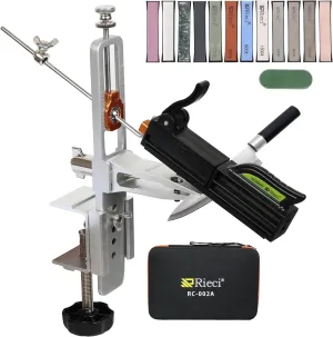 Professional Knife Sharpener System - 12 Whetstones & Fixed-Angle Design, 360° Rotation for Kitchen, Hunting, Pocket Knives (RC-002A, Aluminum Alloy, Safety Grip)