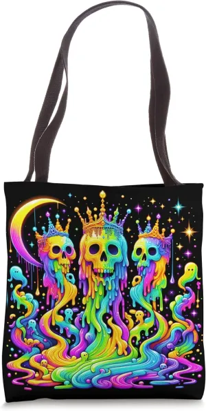Psychedelic Rainbow Skull Tee EDM Rave Hippie Music Festival Tote Bag