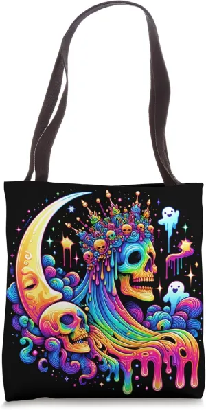Psychedelic Rainbow Skull Tee EDM Rave Hippie Music Festival Tote Bag