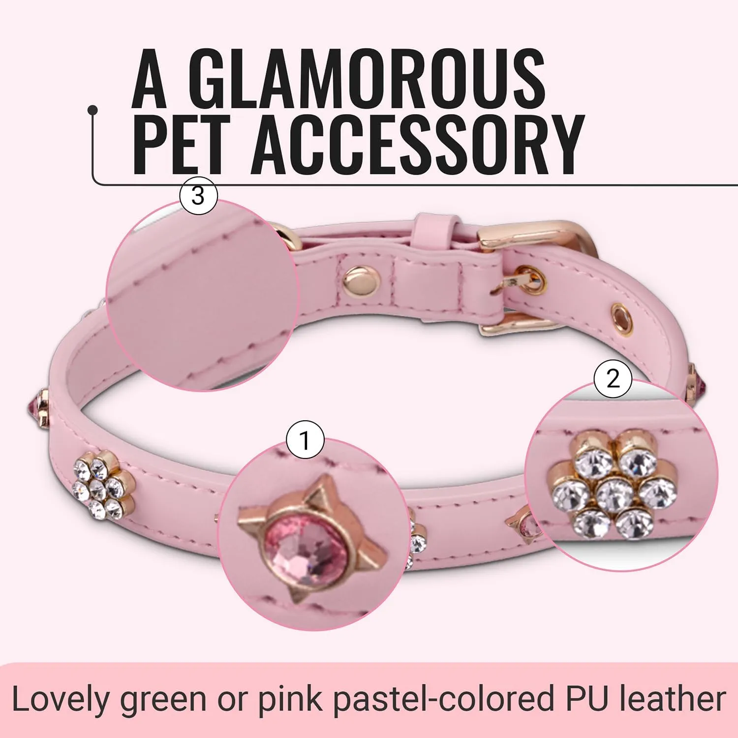 PU Leather Rhinestone Dog Collar - Soft Padded Pink Bling Dog Collar with Diamond Crystals & Metal Flowers for Female Dogs & Cats - Comfortable and Stylish for Walking & Running - S