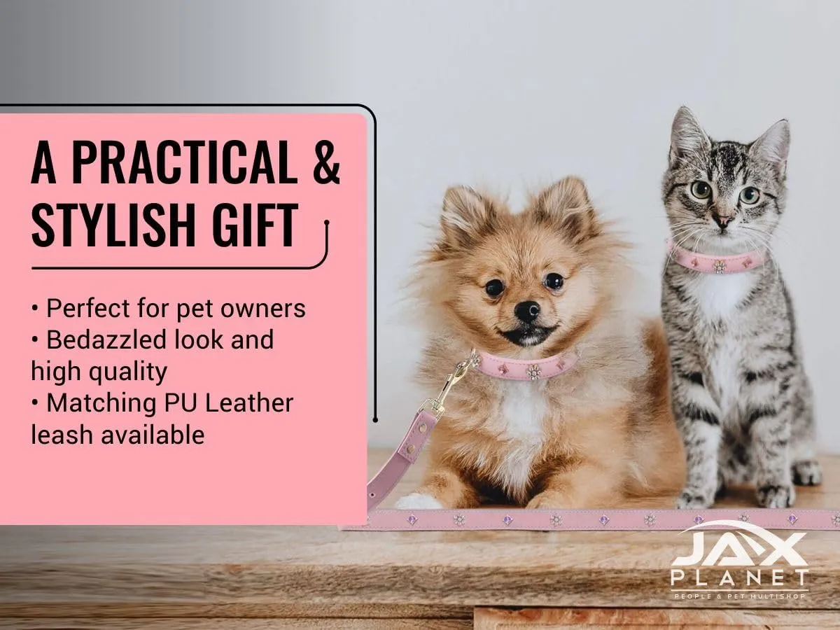 PU Leather Rhinestone Dog Collar - Soft Padded Pink Bling Dog Collar with Diamond Crystals & Metal Flowers for Female Dogs & Cats - Comfortable and Stylish for Walking & Running - S