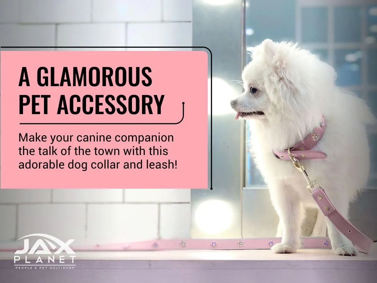 PU Leather Rhinestone Dog Collar - Soft Padded Pink Bling Dog Collar with Diamond Crystals & Metal Flowers for Female Dogs & Cats - Comfortable and Stylish for Walking & Running - S