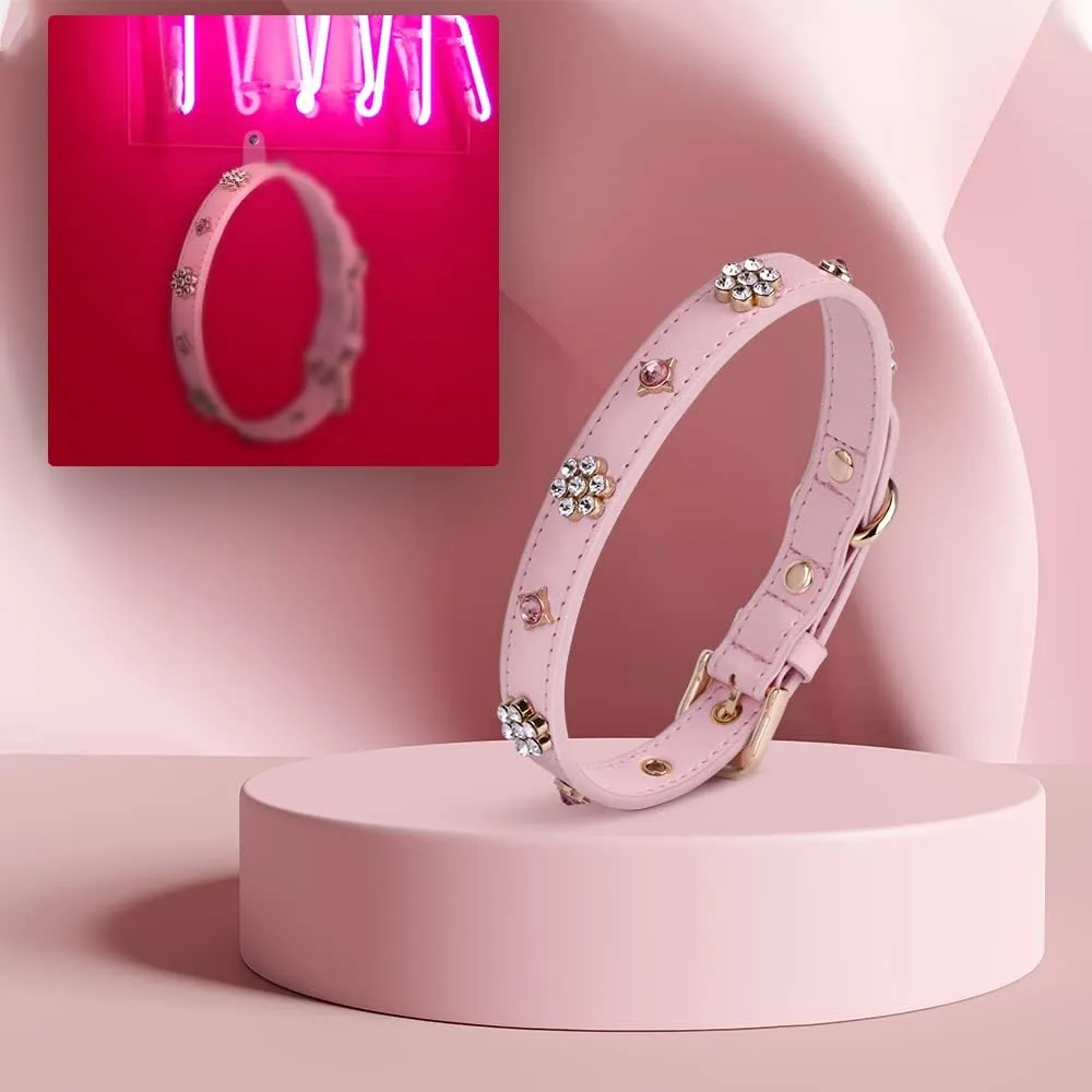 PU Leather Rhinestone Dog Collar - Soft Padded Pink Bling Dog Collar with Diamond Crystals & Metal Flowers for Female Dogs & Cats - Comfortable and Stylish for Walking & Running - S