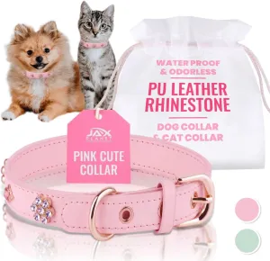 PU Leather Rhinestone Dog Collar - Soft Padded Pink Bling Dog Collar with Diamond Crystals & Metal Flowers for Female Dogs & Cats - Comfortable and Stylish for Walking & Running - S