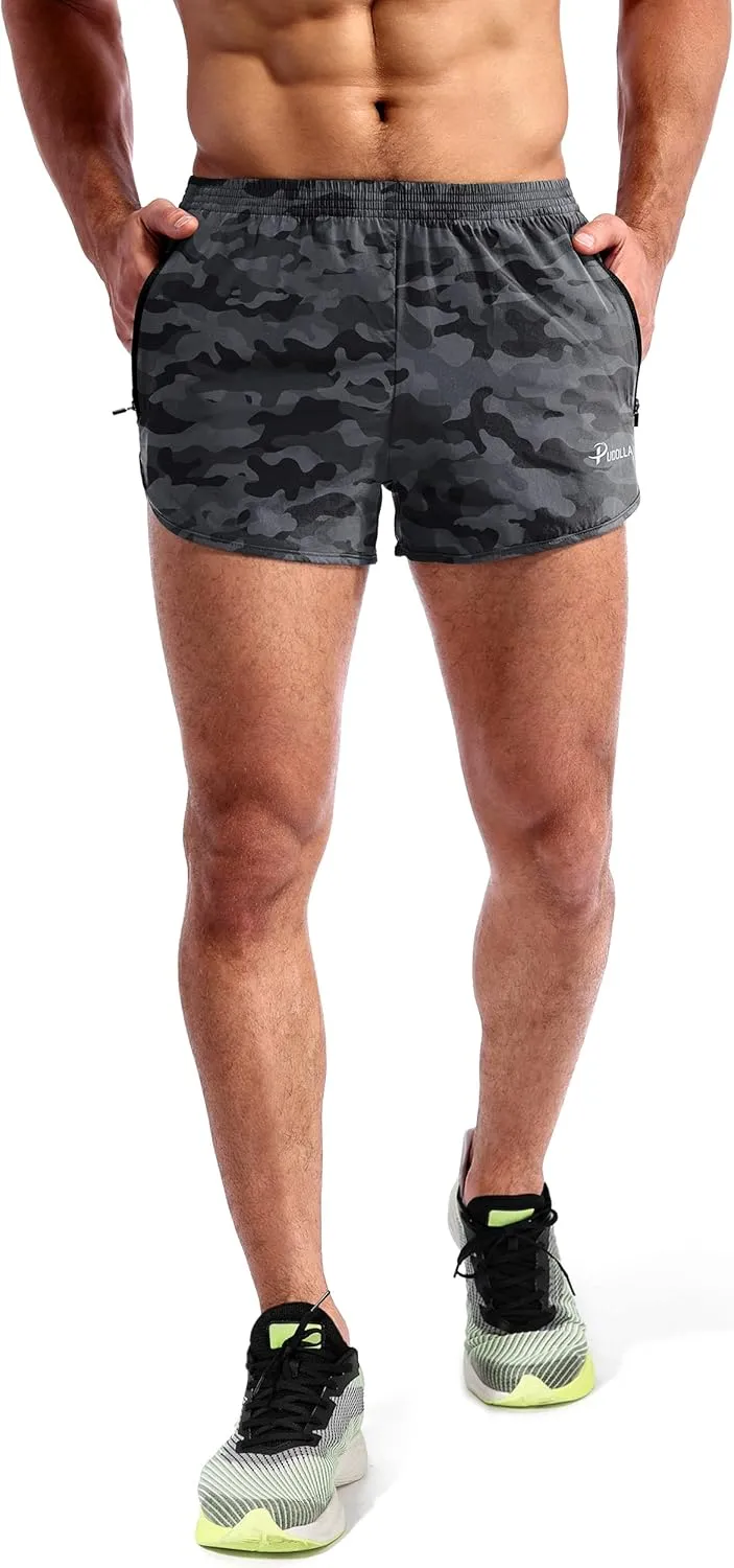 Pudolla Men’s Running Shorts 3 Inch Quick Dry Gym Athletic Workout Shorts for Men with Zipper Pockets