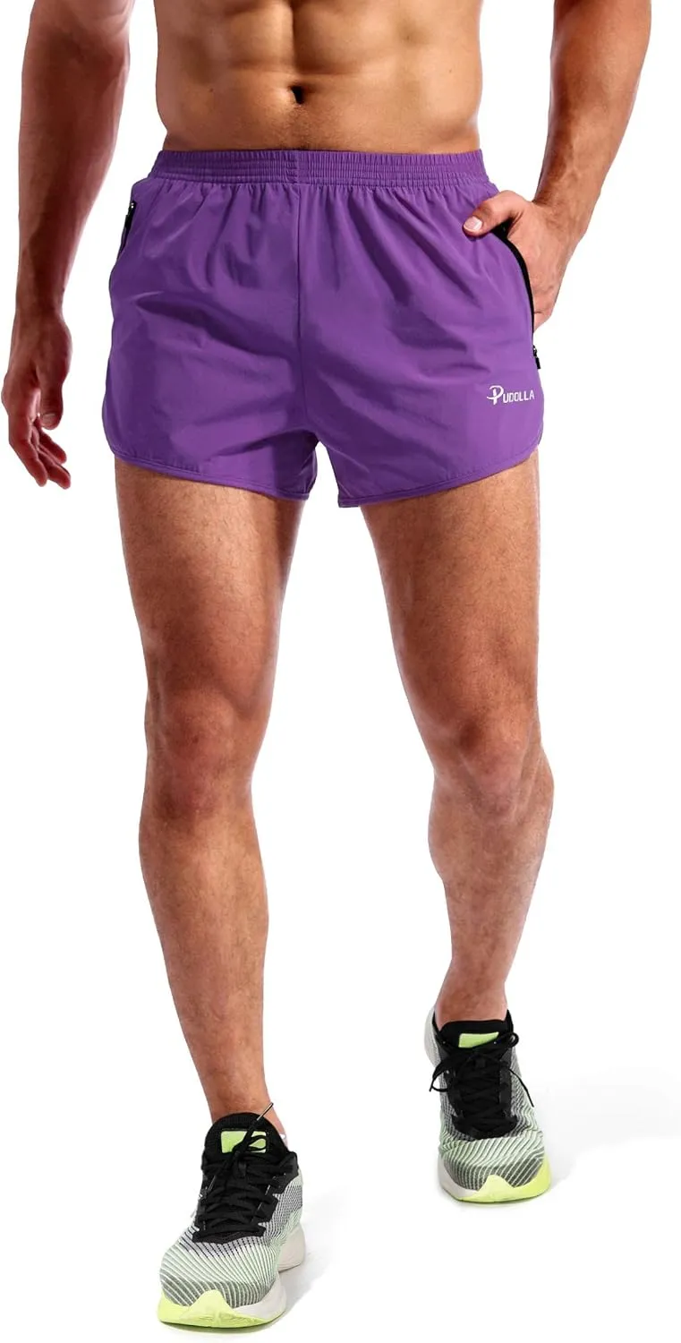 Pudolla Men’s Running Shorts 3 Inch Quick Dry Gym Athletic Workout Shorts for Men with Zipper Pockets