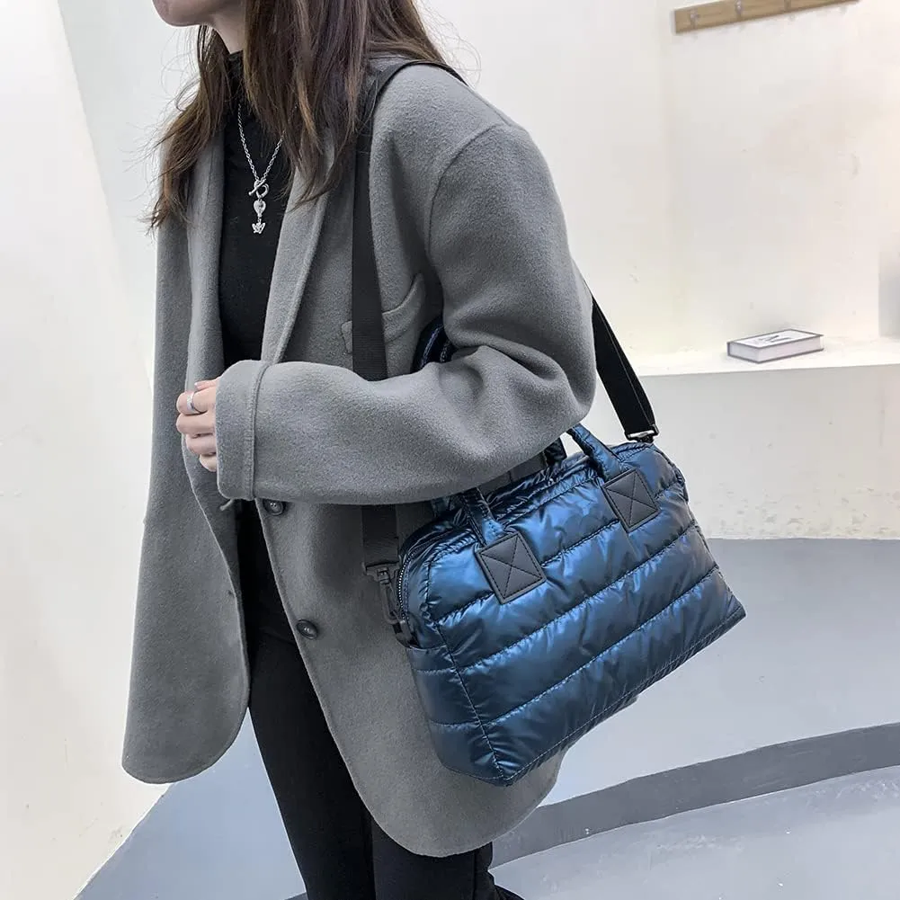 Puffer Tote Bag for Women, Quilted Cotton Padded Designer Handbag, Winter Down Padded Shoulder Bag