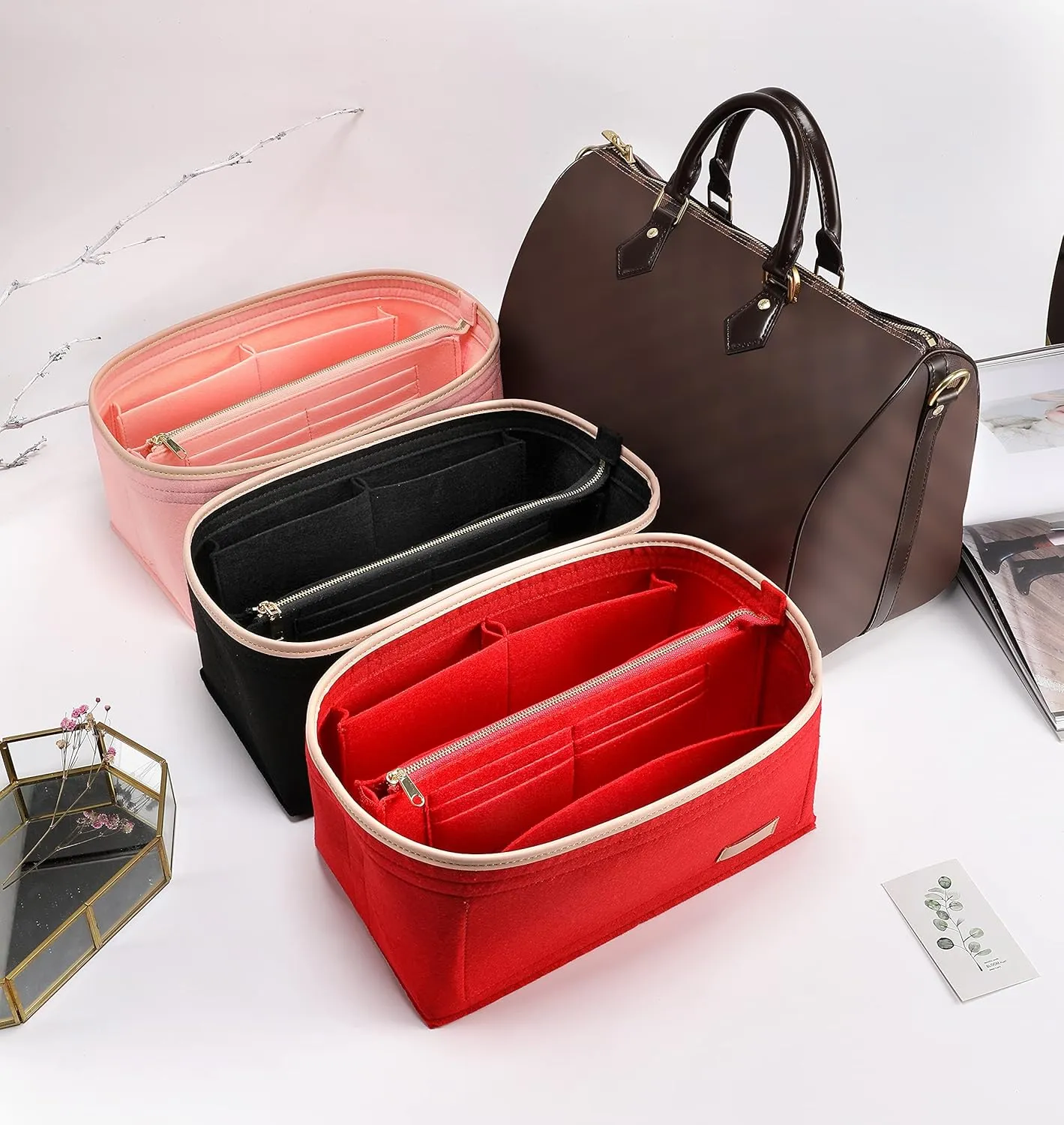 Purse Organizer Insert for Handbags, Fit Speedy 25,LePliage S,Neverfull Felt Tote Insert with Base Shaper Zipper Bag in Bag (Red-Felt, Medium)