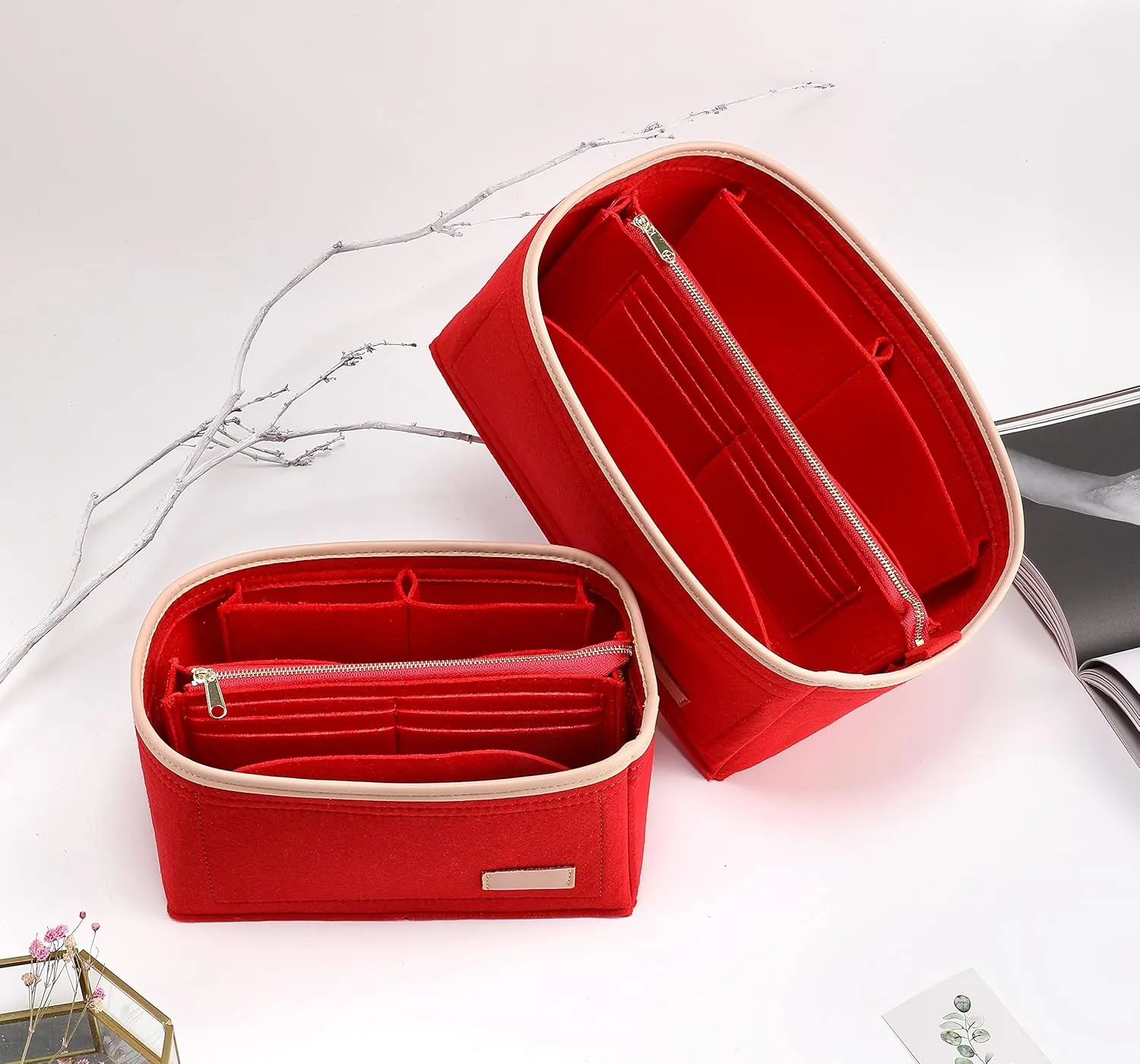 Purse Organizer Insert for Handbags, Fit Speedy 25,LePliage S,Neverfull Felt Tote Insert with Base Shaper Zipper Bag in Bag (Red-Felt, Medium)