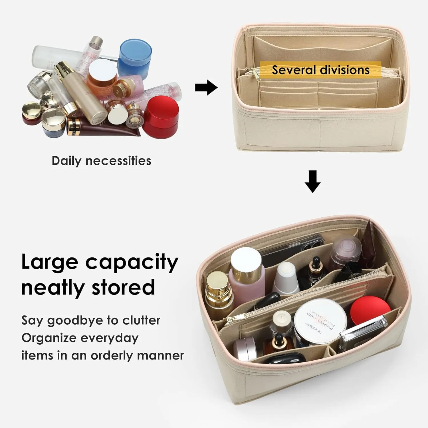 Purse Organizer Insert for Handbags, Fit Speedy 30,Le pliage M,Neverfull Felt Tote Insert with Base Shaper Zipper Bag in Bag (Beige-Felt, Large)