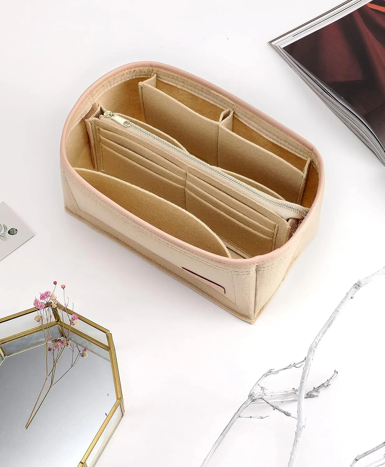 Purse Organizer Insert for Handbags, Fit Speedy 30,Le pliage M,Neverfull Felt Tote Insert with Base Shaper Zipper Bag in Bag (Beige-Felt, Large)