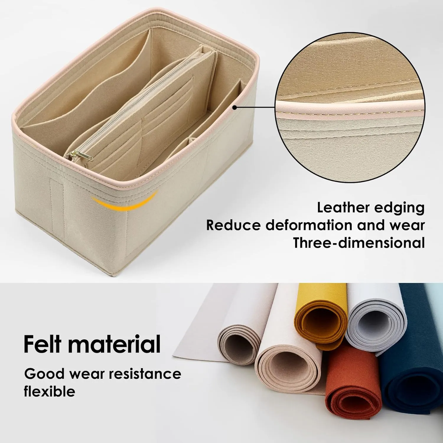 Purse Organizer Insert for Handbags, Fit Speedy 30,Le pliage M,Neverfull Felt Tote Insert with Base Shaper Zipper Bag in Bag (Beige-Felt, Large)