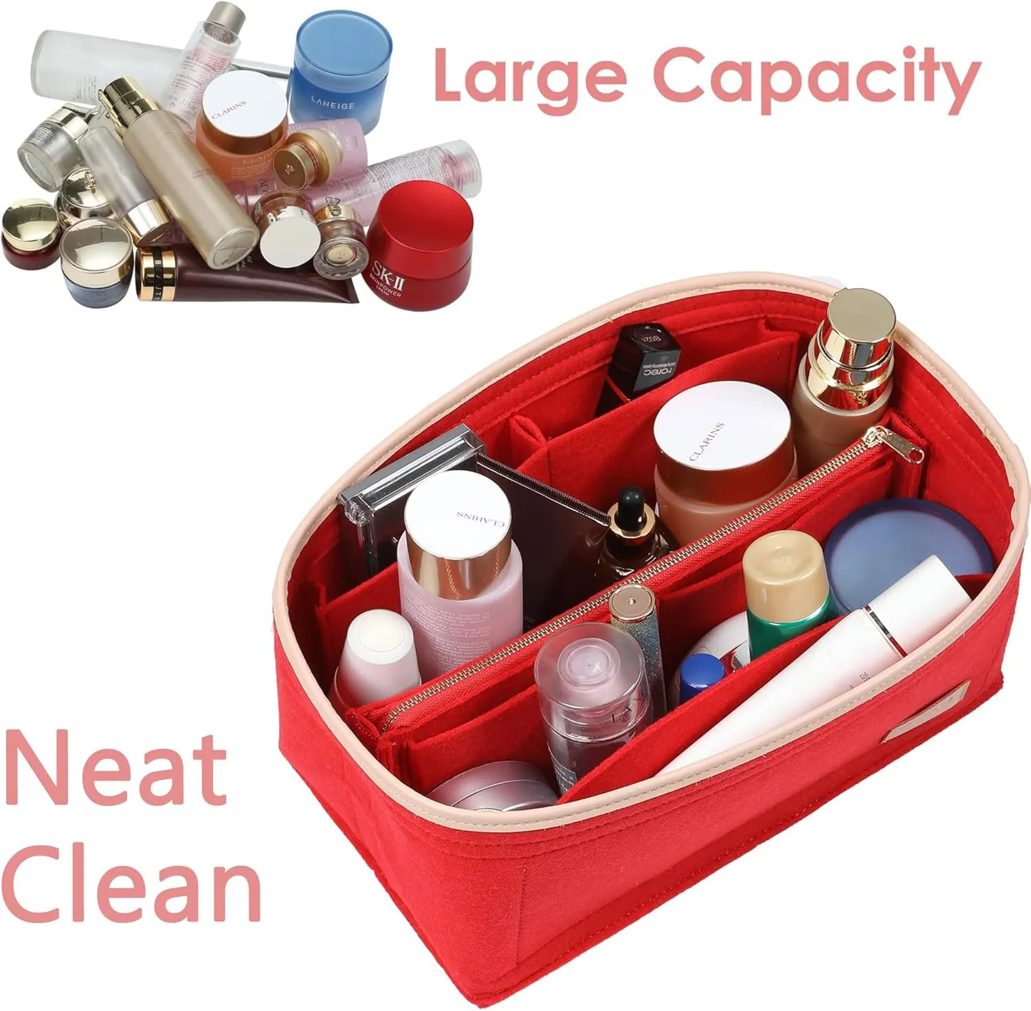 Purse Organizer Insert for Handbags, Fit Speedy 30,Le pliage M,Neverfull Felt Tote Insert with Base Shaper Zipper Bag in Bag (Red-Felt, Large)