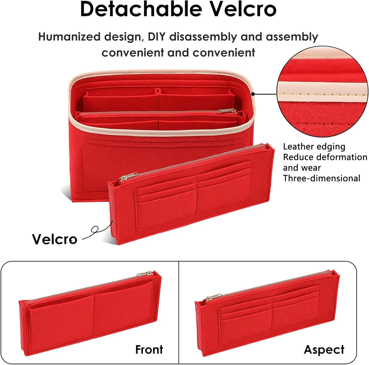 Purse Organizer Insert for Handbags, Fit Speedy 30,Le pliage M,Neverfull Felt Tote Insert with Base Shaper Zipper Bag in Bag (Red-Felt, Large)
