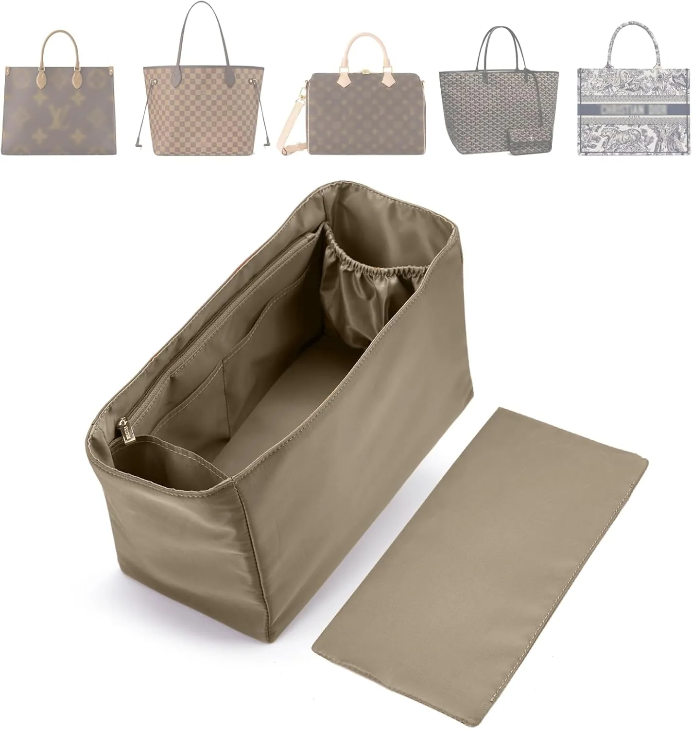 Purse Organizer Nylon Water-Repellent Insert With Zipper Bag and Base Shaper for Neverfull Speedy Tote (Grey, Large)