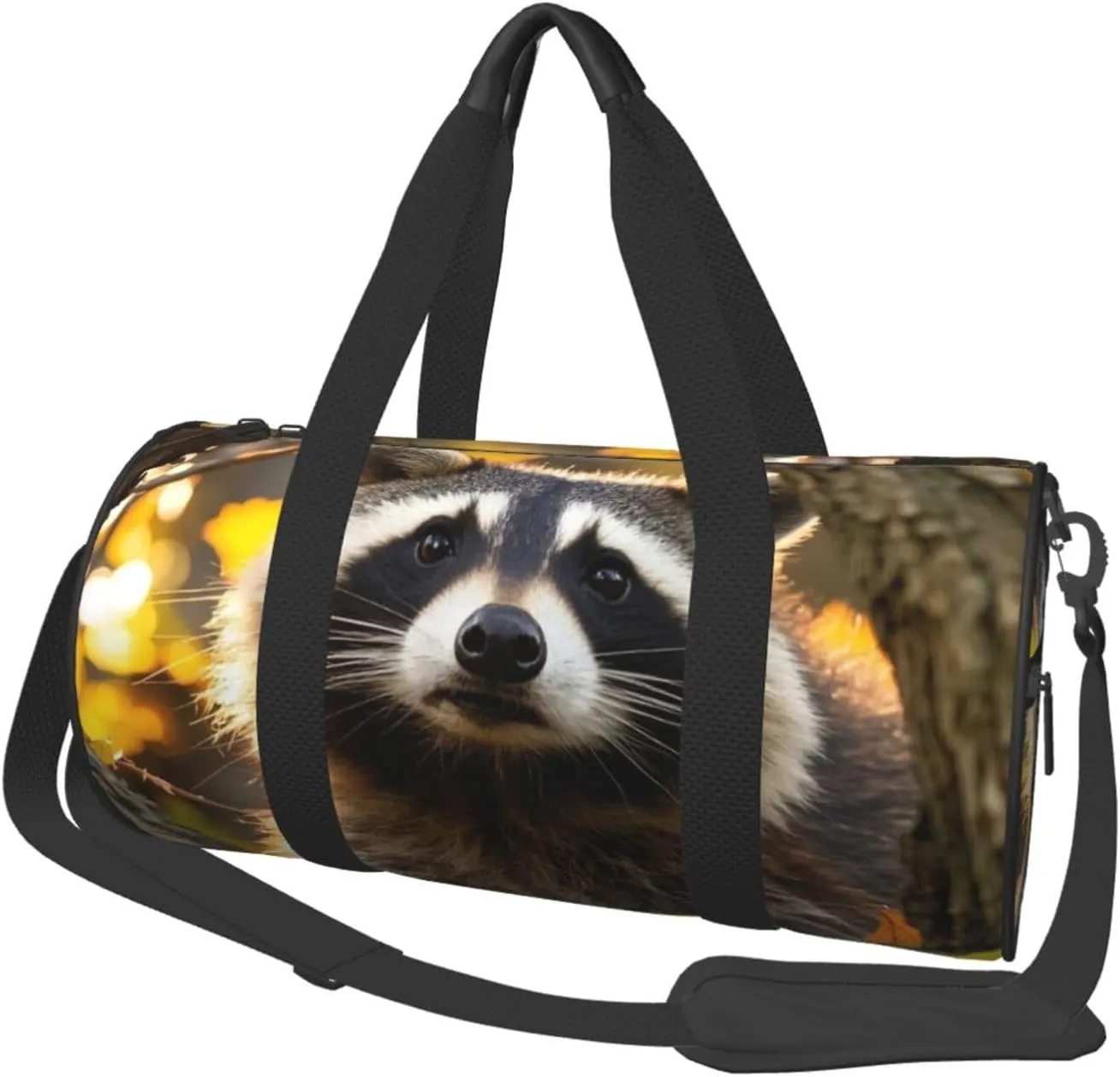 Raccoon in The Fall Tree Hole Print Round Large Capacity Travel Luggage Bags,Men's and Women's Hand-Held Travel Clothing Bags