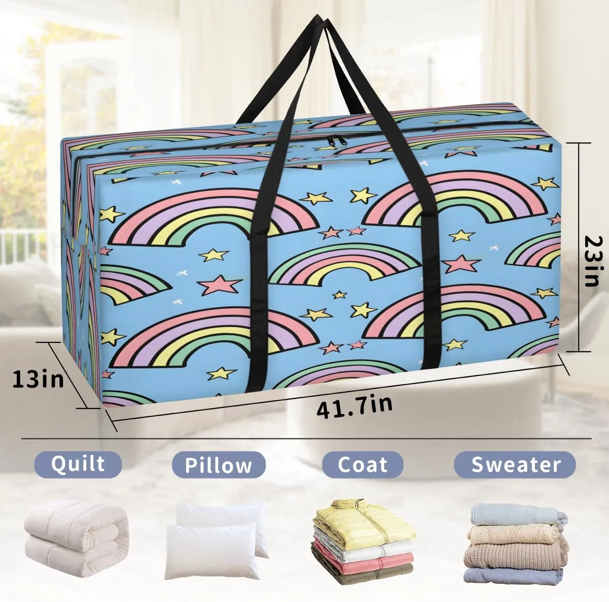 Rainbow Cute Stars Extra Large Moving Bags with Zippers & Carrying Handles, XXL Heavy-Duty Storage Tote Moving Boxes for Space Saving