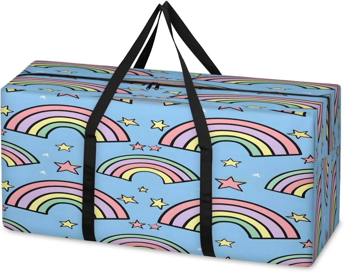 Rainbow Cute Stars Extra Large Moving Bags with Zippers & Carrying Handles, XXL Heavy-Duty Storage Tote Moving Boxes for Space Saving