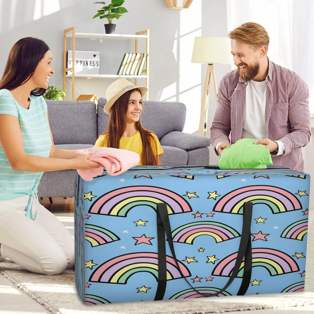 Rainbow Cute Stars Extra Large Moving Bags with Zippers & Carrying Handles, XXL Heavy-Duty Storage Tote Moving Boxes for Space Saving