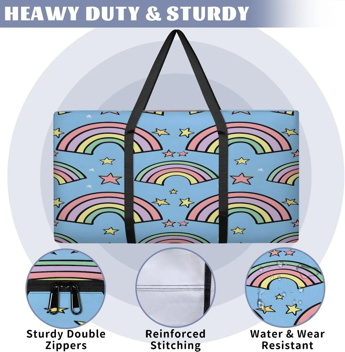 Rainbow Cute Stars Extra Large Moving Bags with Zippers & Carrying Handles, XXL Heavy-Duty Storage Tote Moving Boxes for Space Saving