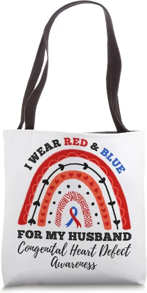 Rainbow I Wear Red And Blue Husband Congenital Heart Defect Tote Bag
