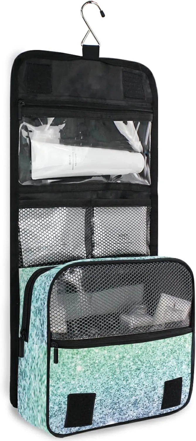 Rainbow Multi-colored Glitter and Glare Pattern Hanging Wash Gargle Toiletry Bag Travel Cosmetic Makeup Case Organizer Storage Large Portable