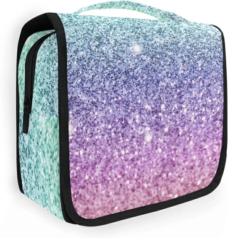 Rainbow Multi-colored Glitter and Glare Pattern Hanging Wash Gargle Toiletry Bag Travel Cosmetic Makeup Case Organizer Storage Large Portable