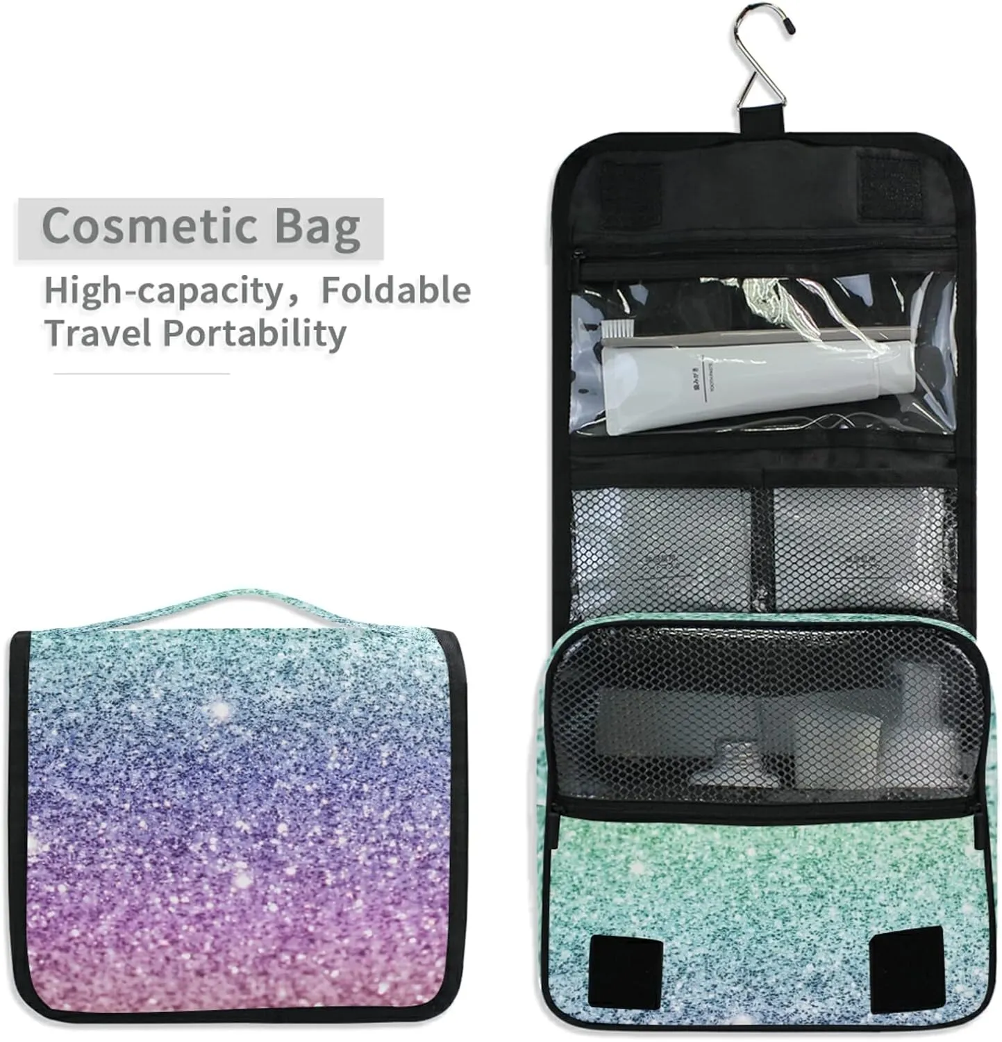 Rainbow Multi-colored Glitter and Glare Pattern Hanging Wash Gargle Toiletry Bag Travel Cosmetic Makeup Case Organizer Storage Large Portable