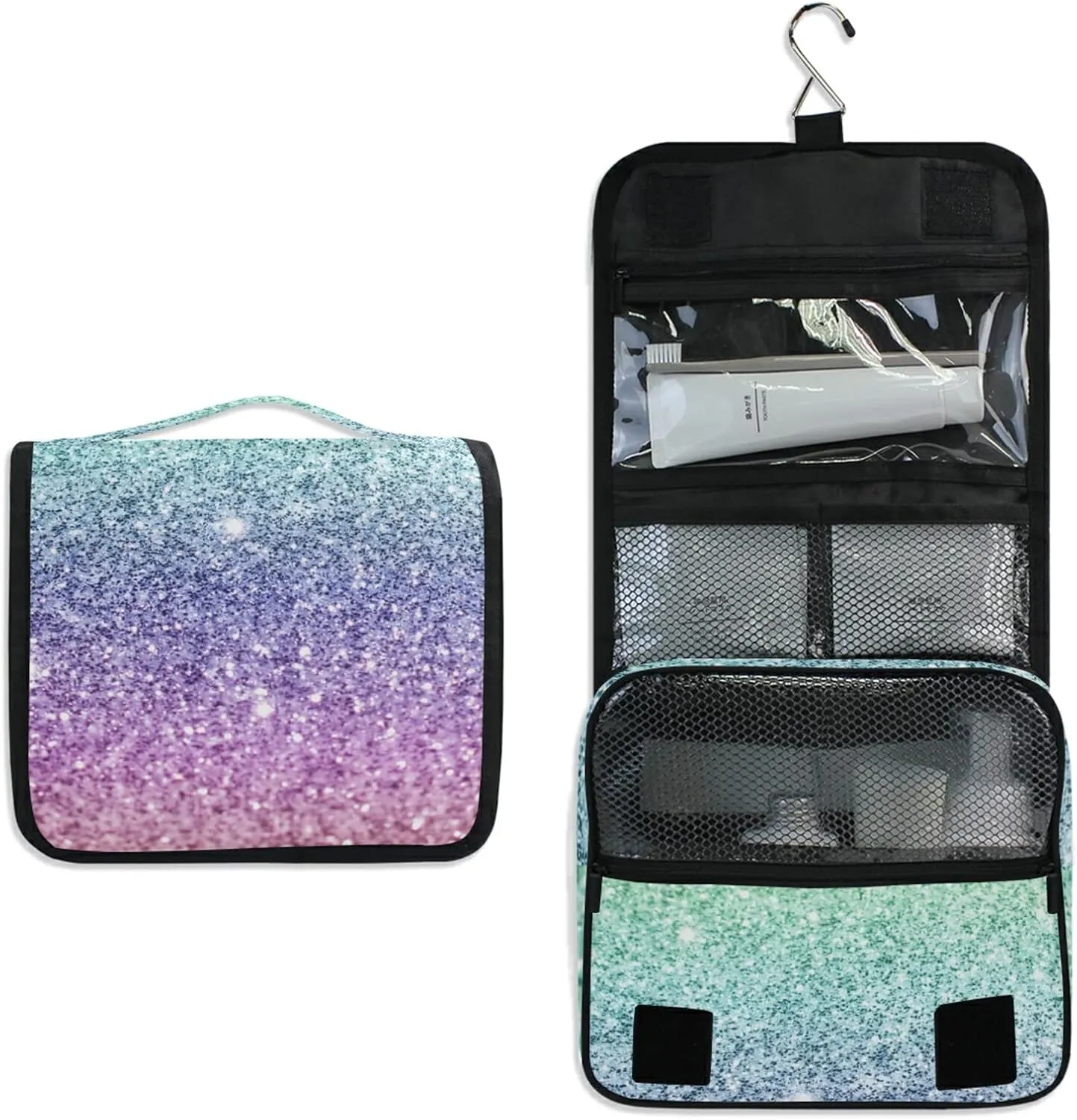 Rainbow Multi-colored Glitter and Glare Pattern Hanging Wash Gargle Toiletry Bag Travel Cosmetic Makeup Case Organizer Storage Large Portable
