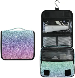 Rainbow Multi-colored Glitter and Glare Pattern Hanging Wash Gargle Toiletry Bag Travel Cosmetic Makeup Case Organizer Storage Large Portable