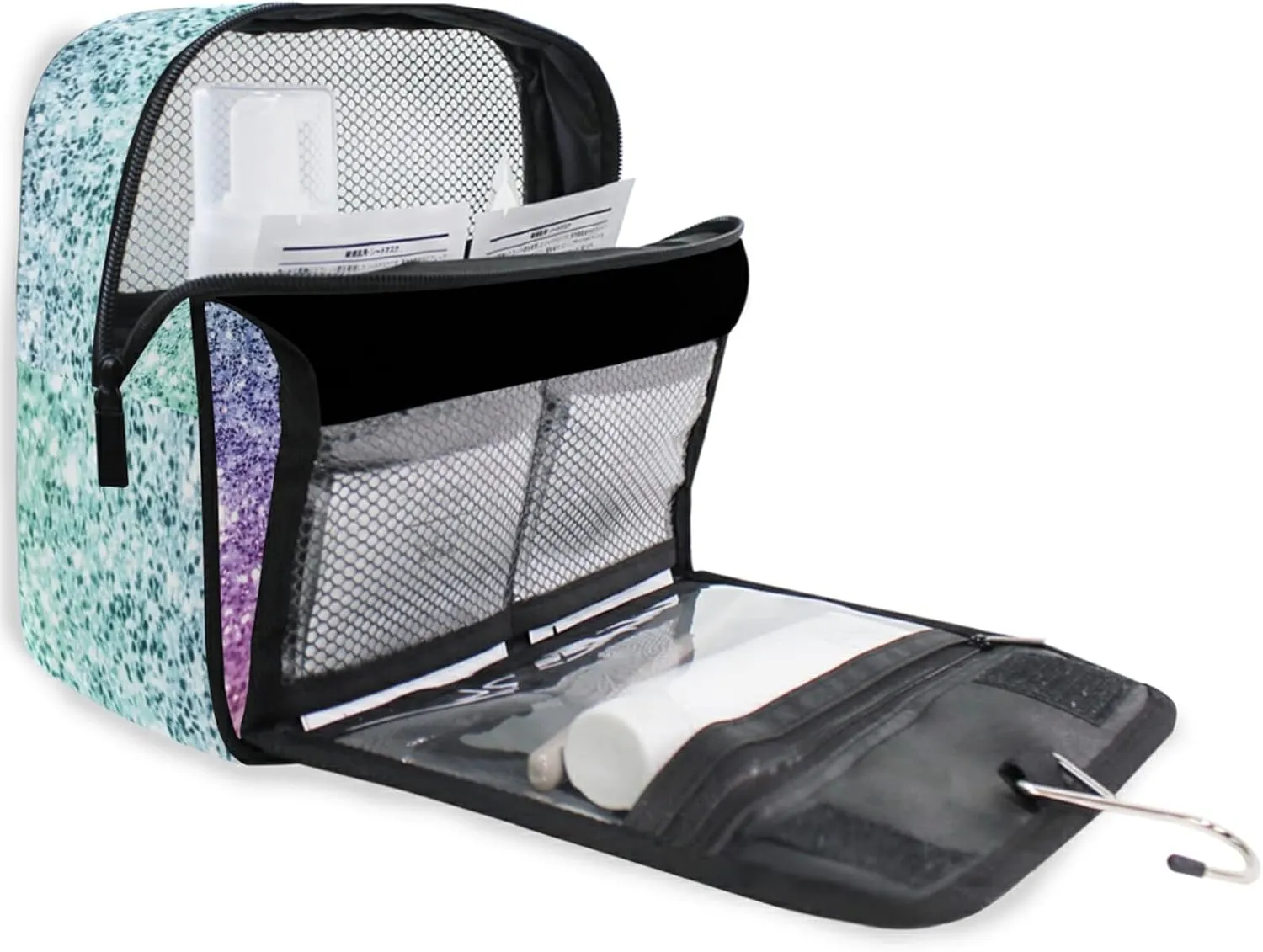 Rainbow Multi-colored Glitter and Glare Pattern Hanging Wash Gargle Toiletry Bag Travel Cosmetic Makeup Case Organizer Storage Large Portable
