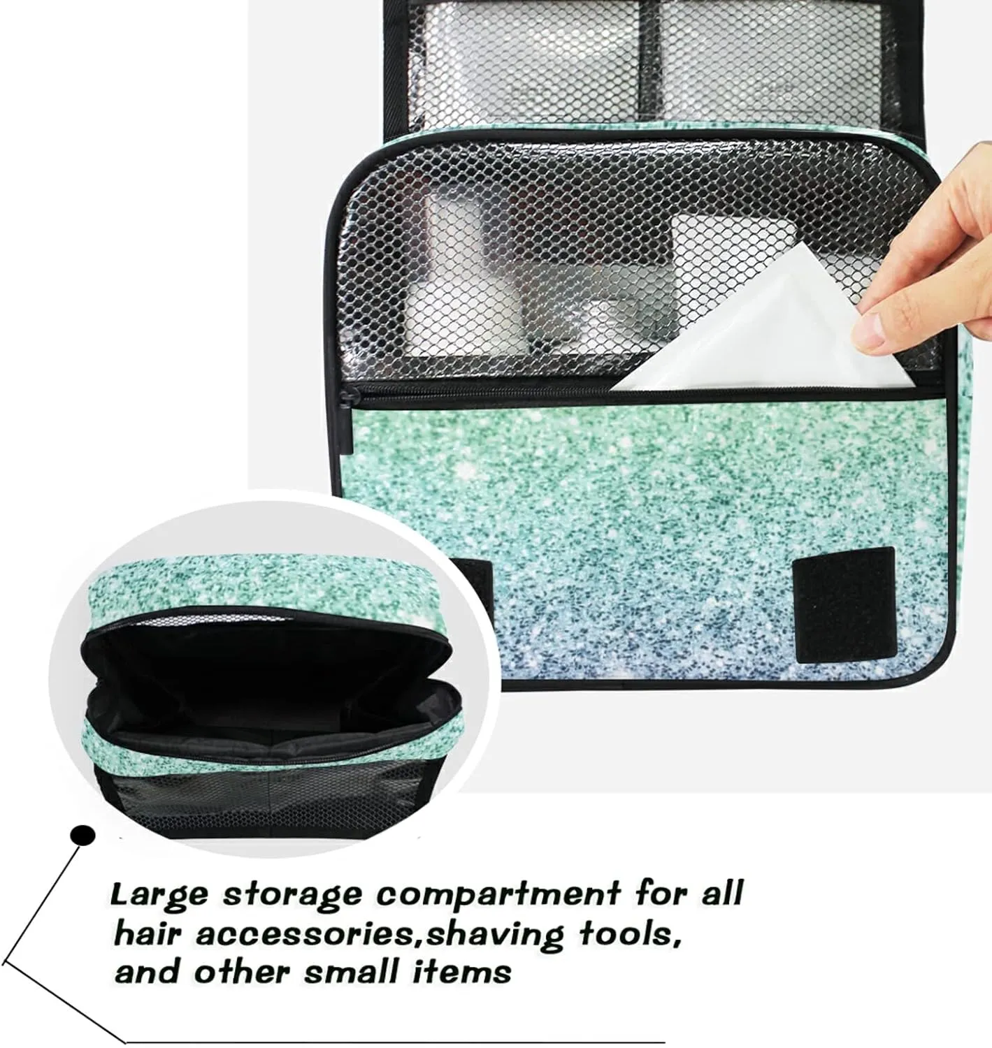 Rainbow Multi-colored Glitter and Glare Pattern Hanging Wash Gargle Toiletry Bag Travel Cosmetic Makeup Case Organizer Storage Large Portable