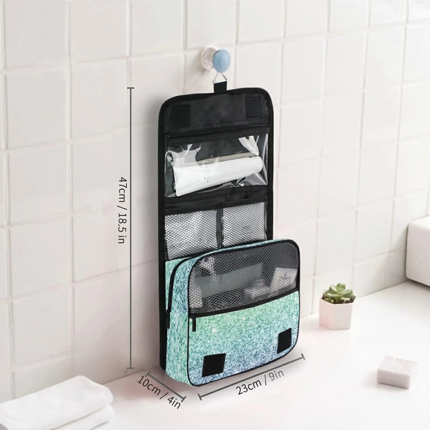 Rainbow Multi-colored Glitter and Glare Pattern Hanging Wash Gargle Toiletry Bag Travel Cosmetic Makeup Case Organizer Storage Large Portable