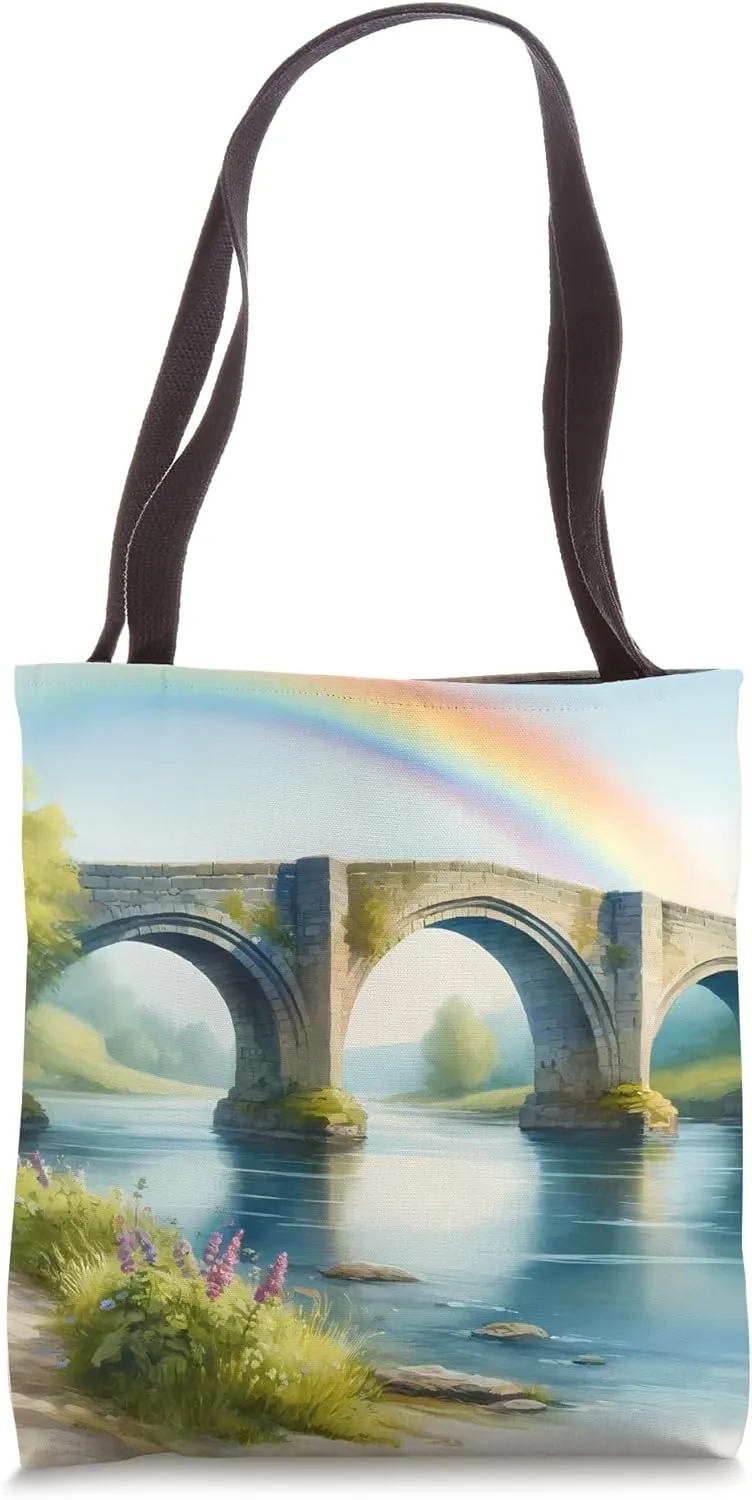 Rainbow Over Stone Bridge Crossing Calm River. Lush Tote Bag