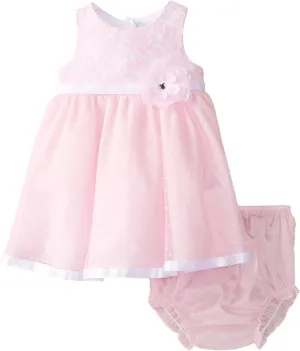 Rare Editions Baby Baby Girls' Lace Bodice To Flock Dot Mesh Dress