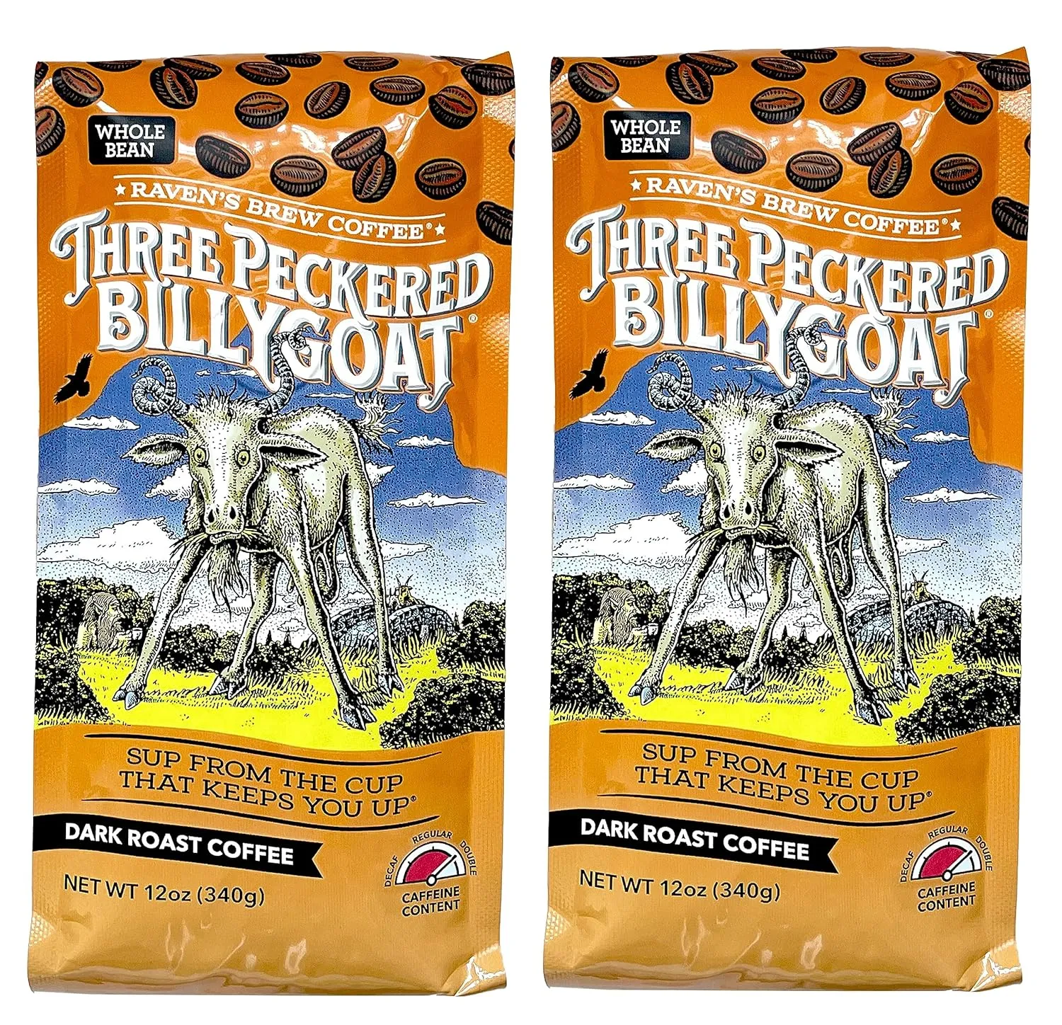 Ravens Brew Whole Bean 3 Peckered Billy Goat Blend,Dark Roast 12-Ounce Bags (Pack of 2)