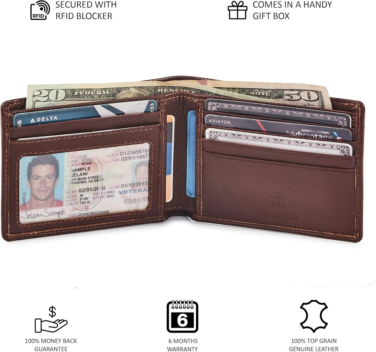 Real Leather Mens Bifold Wallet RFID Blocking Slim Minimalist Front Pocket - Thin & Stylish with ID Window in Gift Box (Nappa, Cognac)