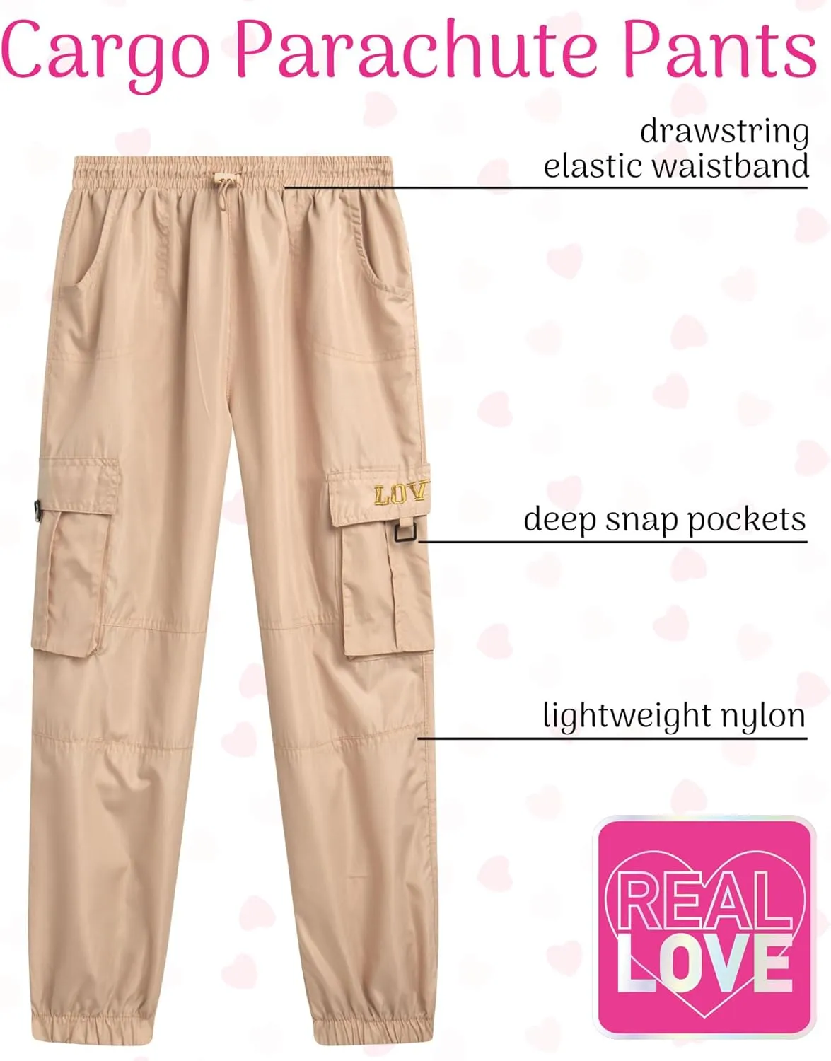 Real Love Girls' Cargo Pants - Lightweight Nylon Quick Dry Jogger Parachute Pants with Deep Multi Pockets (Sizes: 7-16)