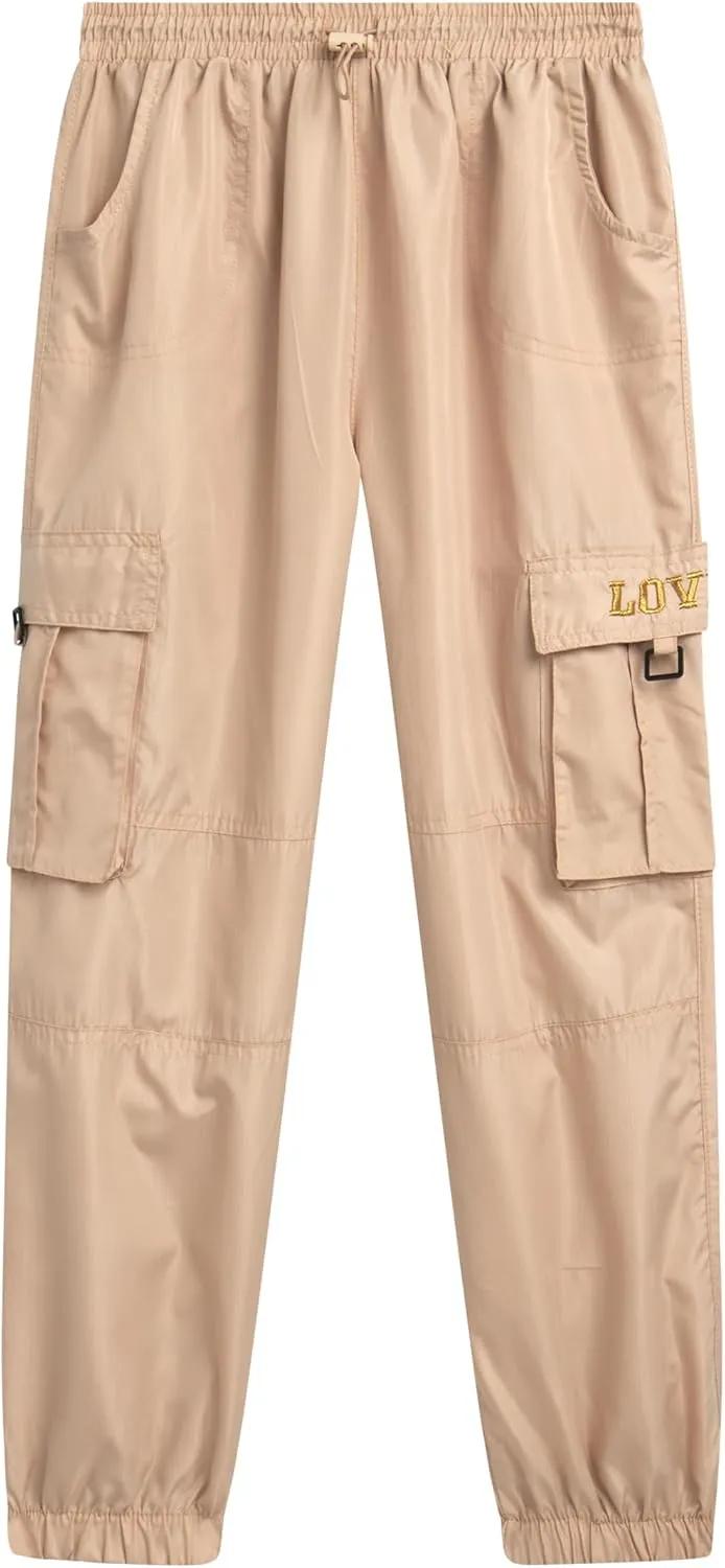 Real Love Girls' Cargo Pants - Lightweight Nylon Quick Dry Jogger Parachute Pants with Deep Multi Pockets (Sizes: 7-16)
