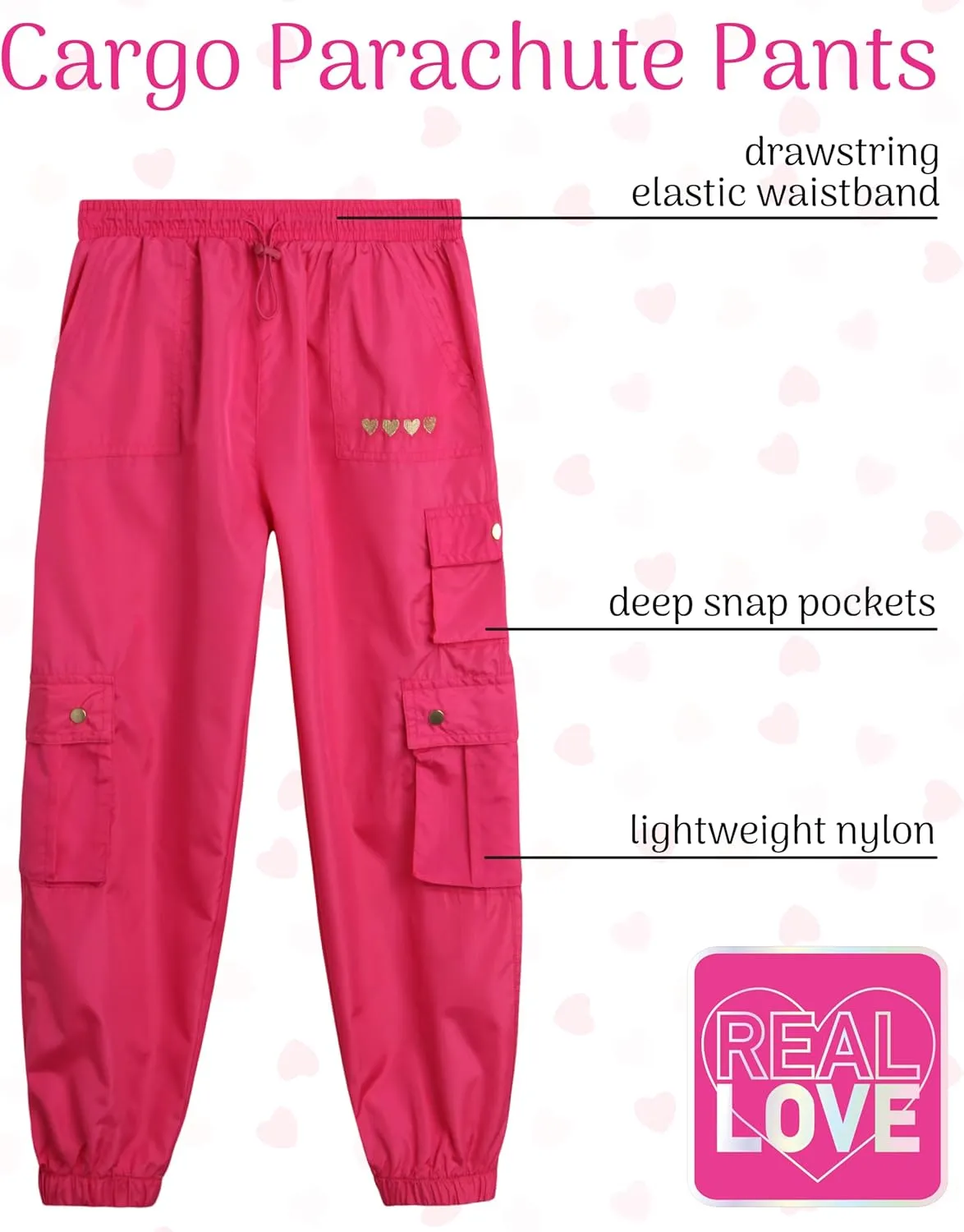 Real Love Girls' Cargo Pants - Lightweight Nylon Quick Dry Jogger Parachute Pants with Deep Multi Pockets (Sizes: 7-16)