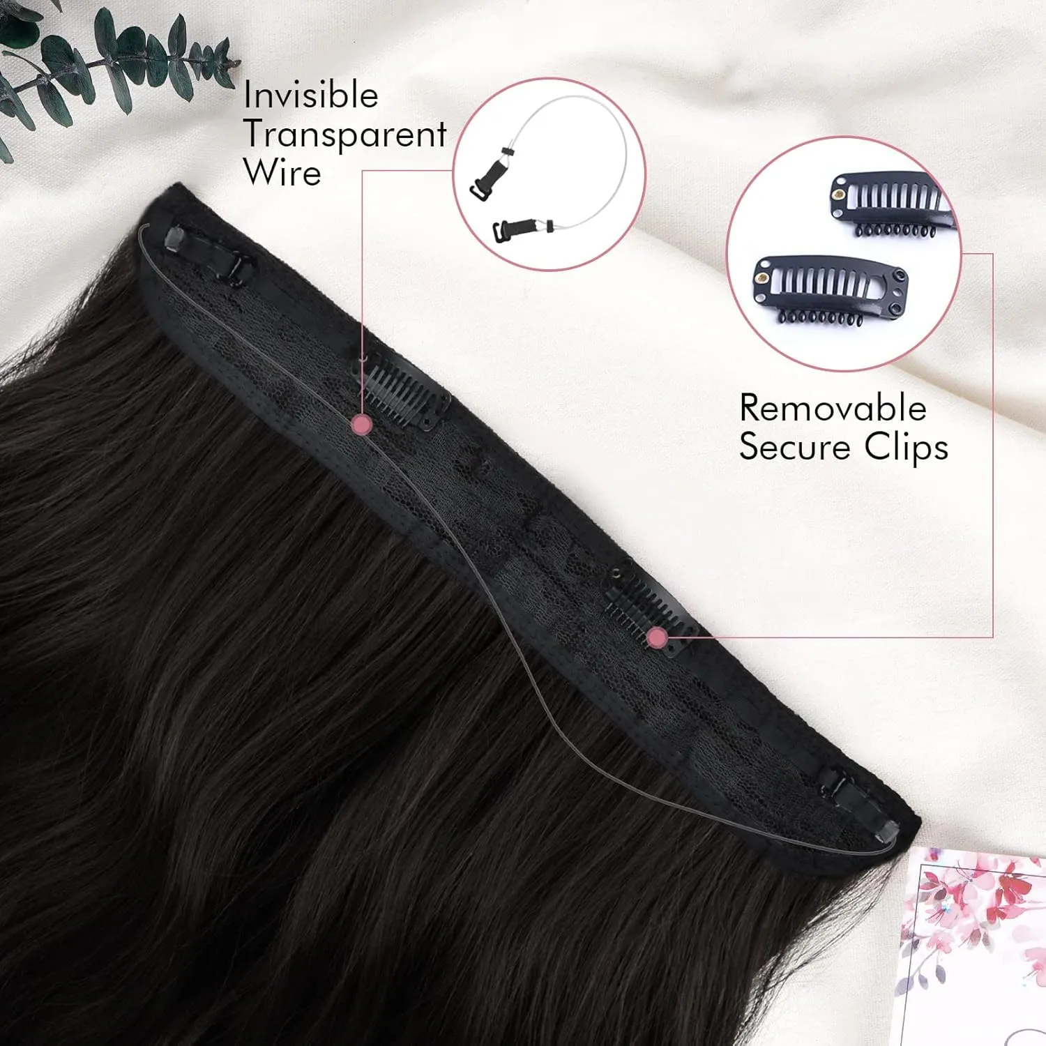 REECHO Invisible Wire Hair Extensions with Transparent Headband Adjustable Size Removable Secure Clips in Curly Wavy Secret Hairpiece for Women 20 Inch - Dark Chocolate Brown