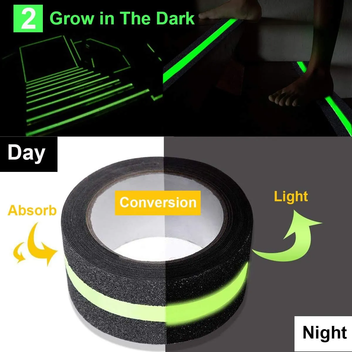 RELIANCER Anti Slip Safety Grip Tape 2inx30ft Green Glowing in The Dark Non Skid Stage Safety Tape High Traction Grit Stairs Tape Hazard Caution Warning Tape for Steps (2"×30', Green&Black)