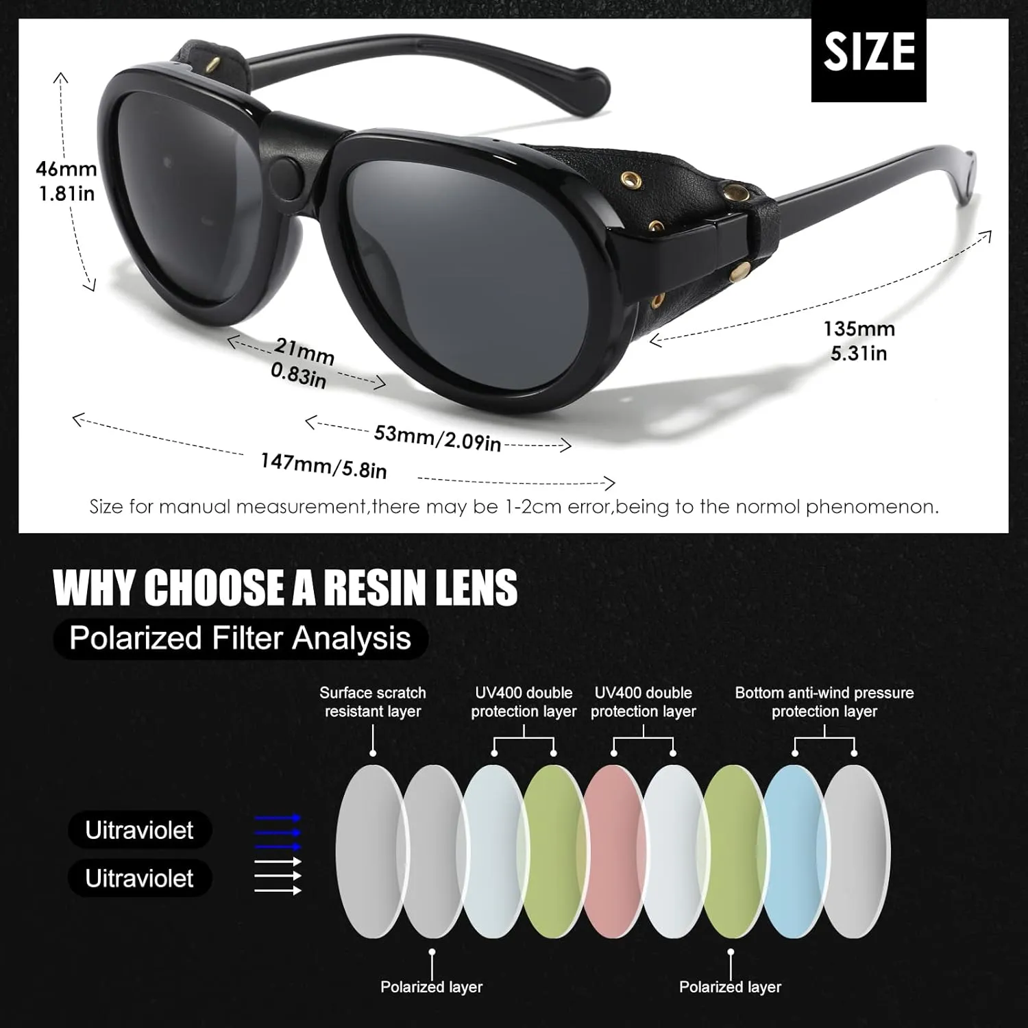 Retro Aviator Steampunk Polarized Sunglasses with Leather Side Shield Vintage Goggles Gothic Eyewear for Men Women