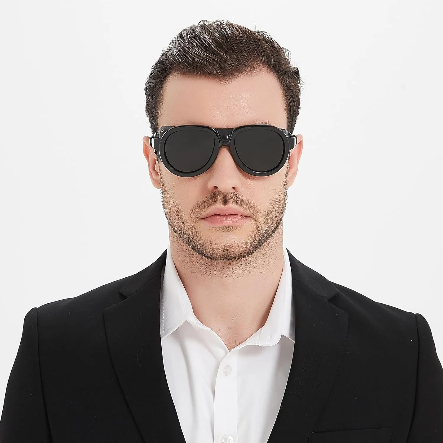 Retro Aviator Steampunk Polarized Sunglasses with Leather Side Shield Vintage Goggles Gothic Eyewear for Men Women