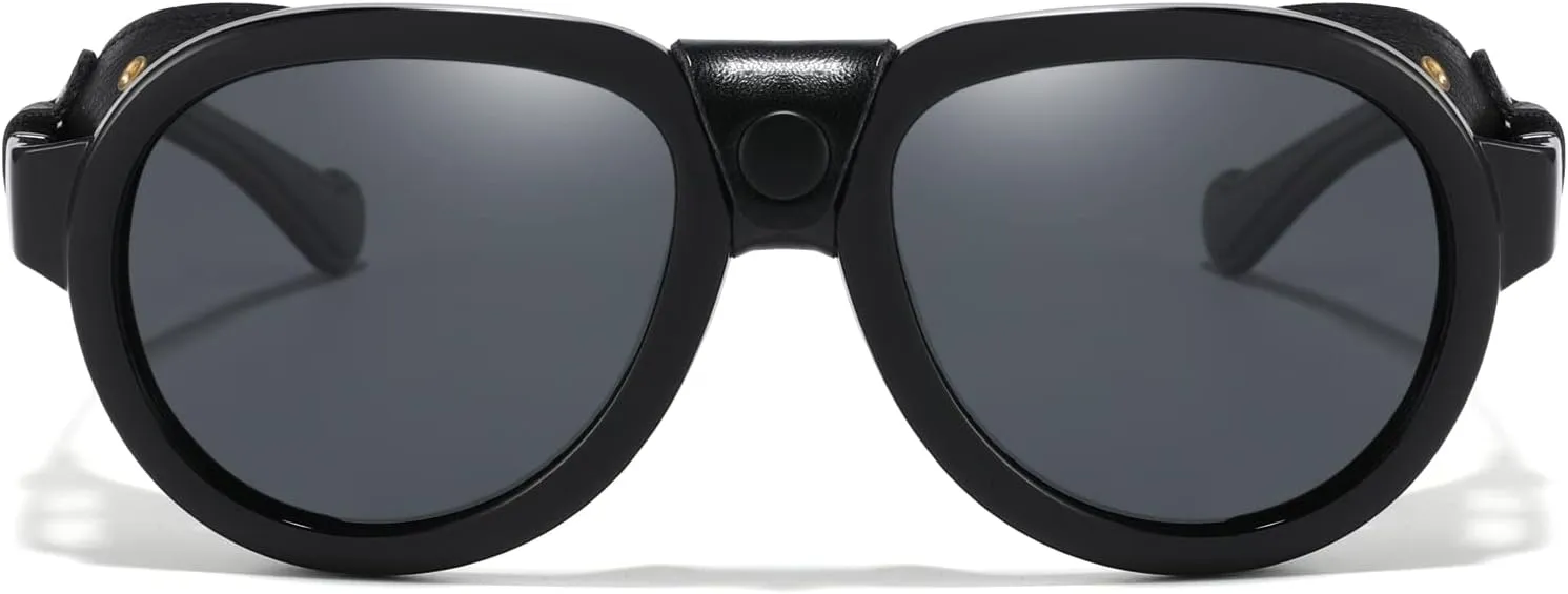 Retro Aviator Steampunk Polarized Sunglasses with Leather Side Shield Vintage Goggles Gothic Eyewear for Men Women