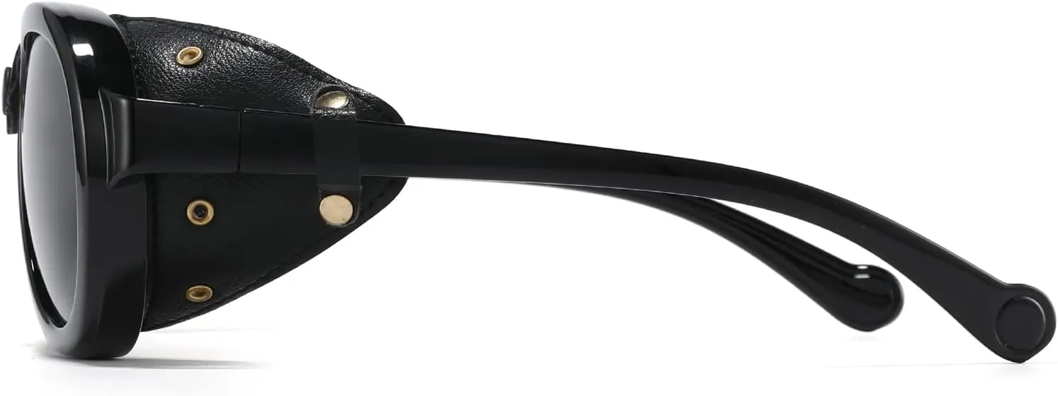 Retro Aviator Steampunk Polarized Sunglasses with Leather Side Shield Vintage Goggles Gothic Eyewear for Men Women