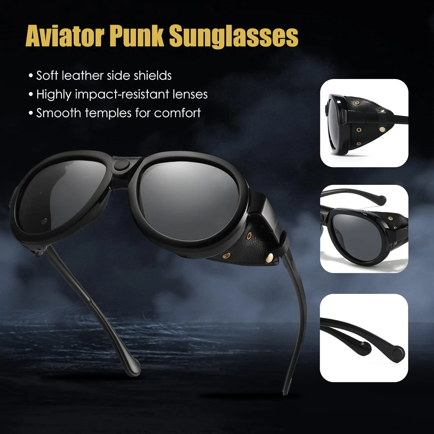 Retro Aviator Steampunk Polarized Sunglasses with Leather Side Shield Vintage Goggles Gothic Eyewear for Men Women