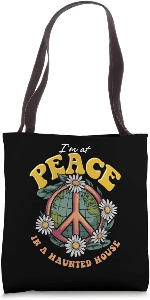 Retro Haunted Mansion Peace Sign Lovers Halloween Theme Tote Bag