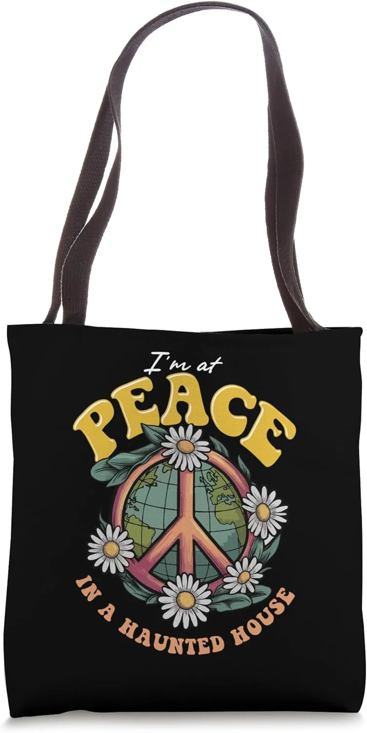 Retro Haunted Mansion Peace Sign Lovers Halloween Theme Tote Bag